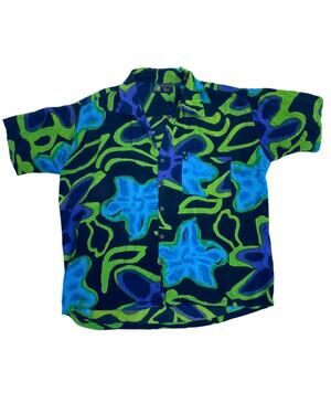 Roundy Bay Hawaiian Shirt Blue Green Purple Abstract Floral Short Sleeve
